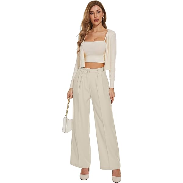 Women Linen Low Rise Wide Leg Pants Pleated Front Casual Long Trousers with Pockets X-Small Beige