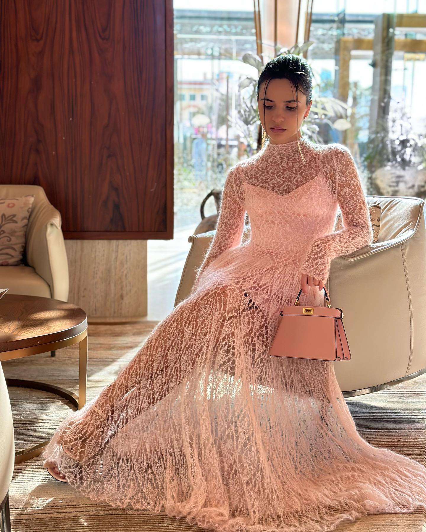 PINK LONG SLEEVE CUTOUT ELEGANT DRESS