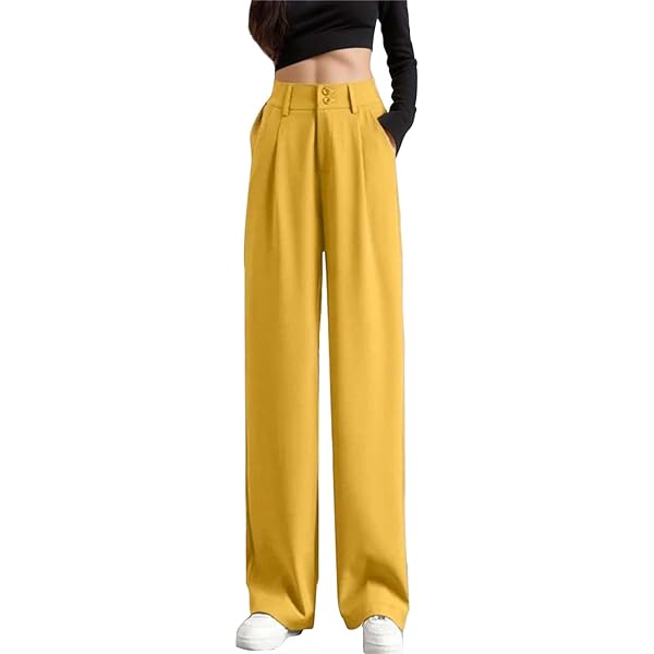 Women's Summer Wide Leg Pants Flowy Casual Straight Leg Slacks High Waisted Office Dress Pants Work Business Trousers Medium Yellow
