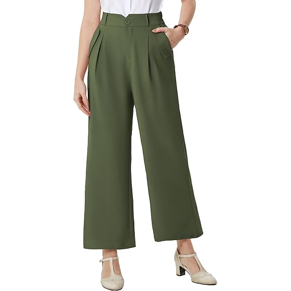 Belle Poque High Waisted Wide Leg Pleated Dress Pants Vintage Loose Baggy Straight Business Work Palazzo Pants Trousers X-Large Olive Green