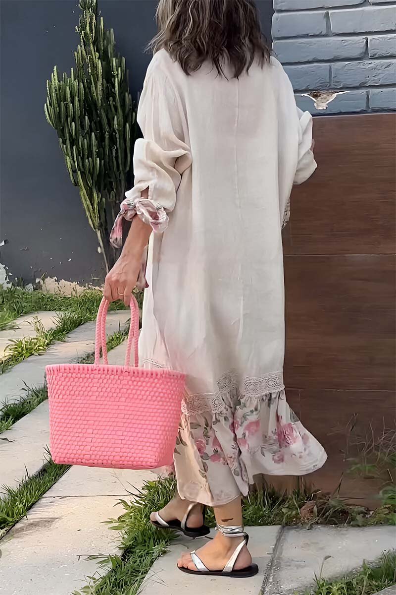 Women's cotton and linen patchwork lace print dress