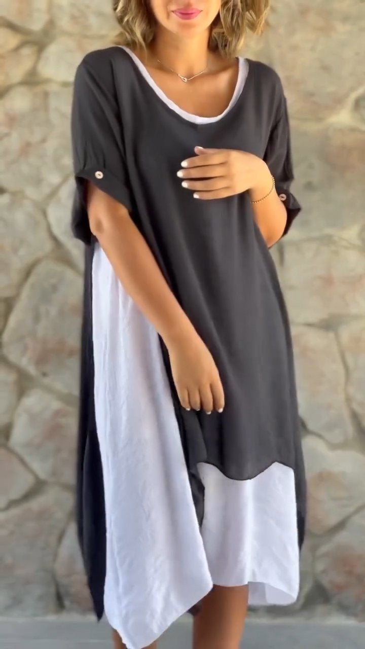 Cotton and linen fake two piece casual dress