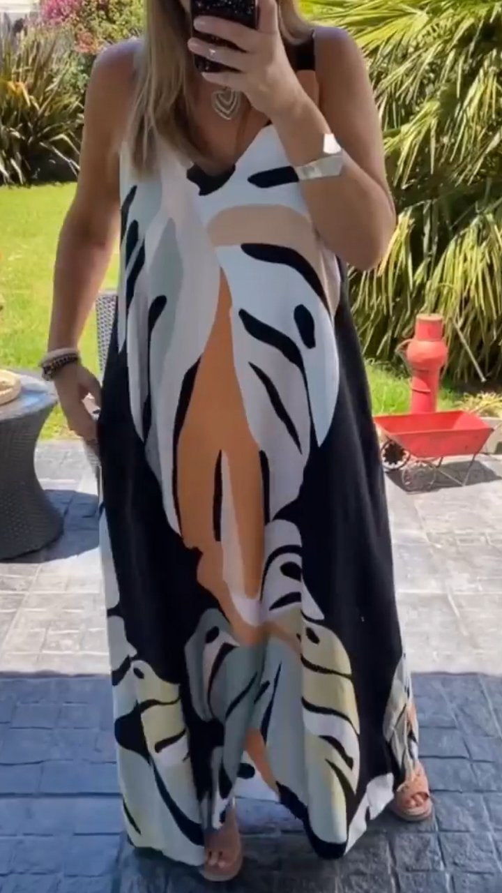 Casual V-neck Printed Long Dress